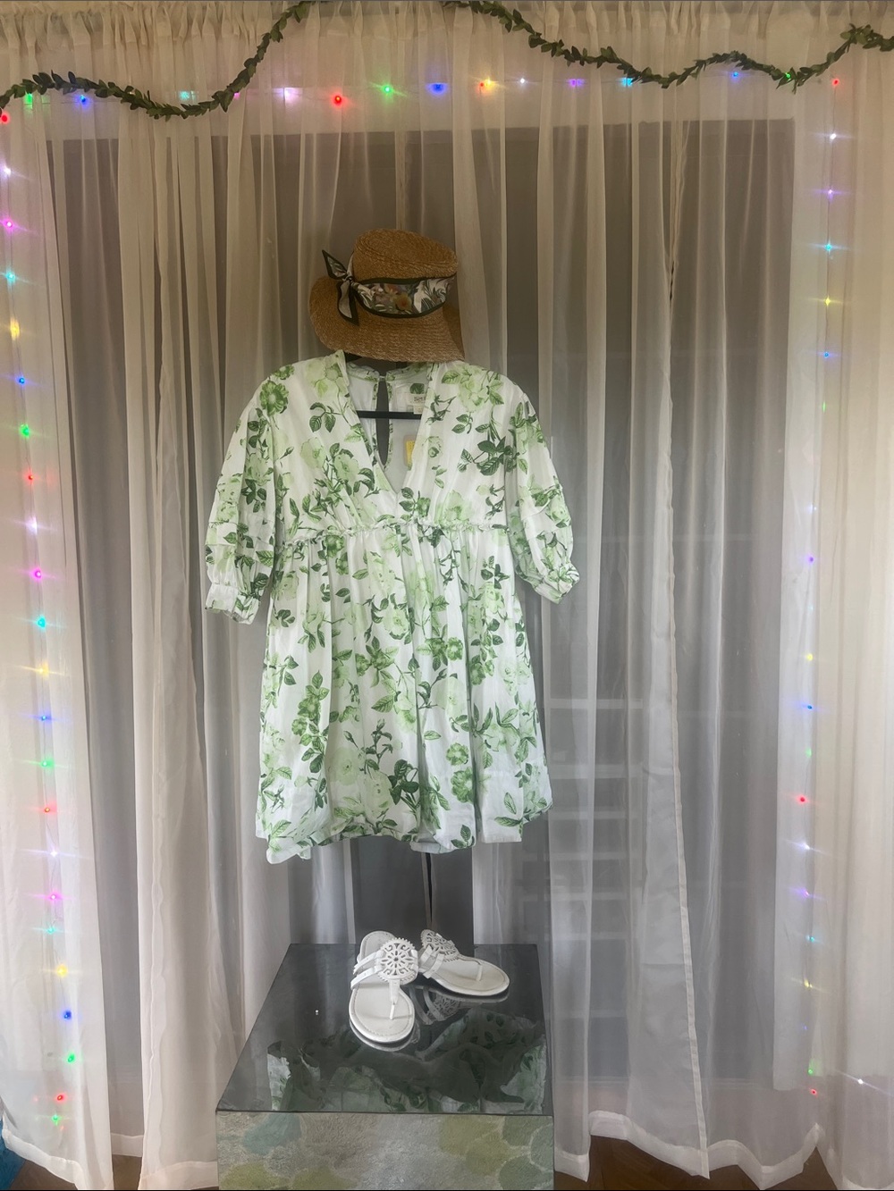Maeve White Mini Dress with Green Leaf Print